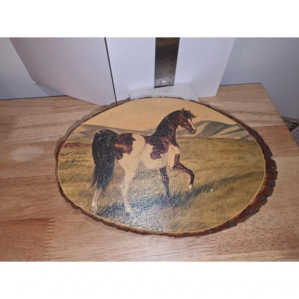 decoupaged craft plaque featuring a brown and white pinto horse on an oval wood